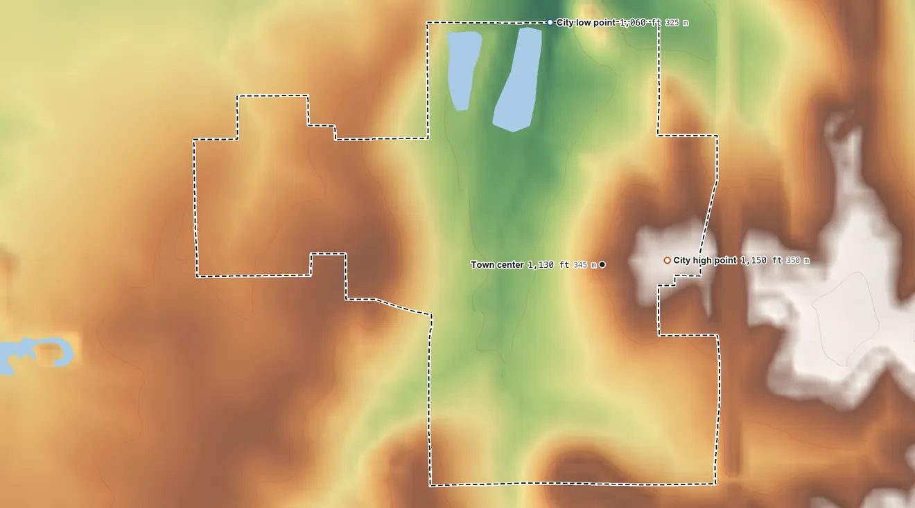 Topographic elevation map of Carbondale, Kansas, shaded from 1,060 ft on the north side to 1,150 ft near the middle
