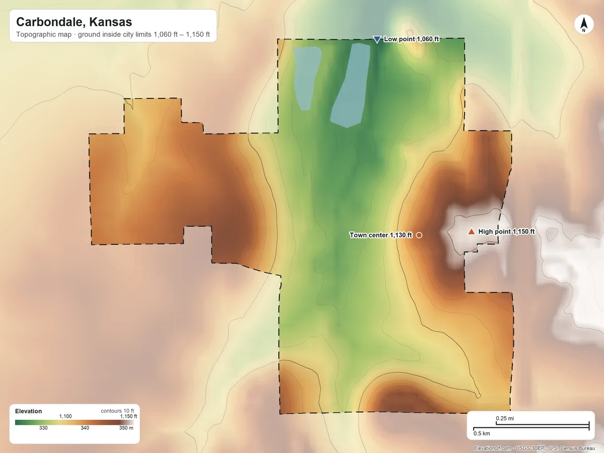 Topographic elevation map of Carbondale, Kansas, shaded from 1,060 ft on the north side to 1,150 ft near the middle