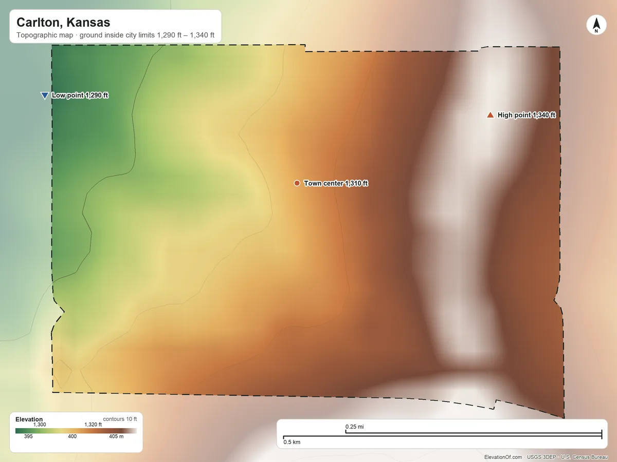 Topographic elevation map of Carlton, Kansas, shaded from 1,290 ft on the west side to 1,340 ft on the east side