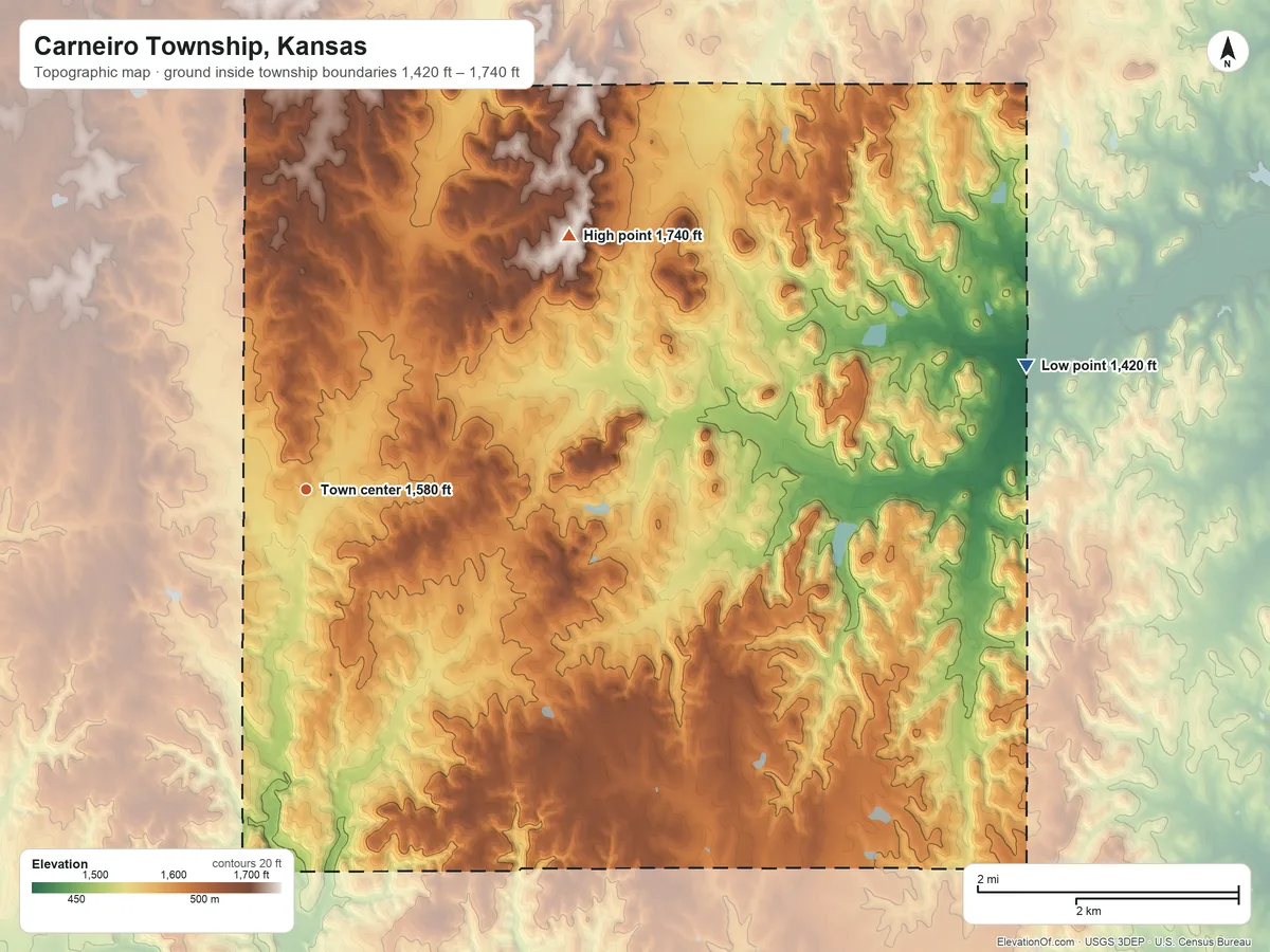 Topographic elevation map of Carneiro Township, Kansas, shaded from 1,420 ft on the east side to 1,740 ft on the northeast side