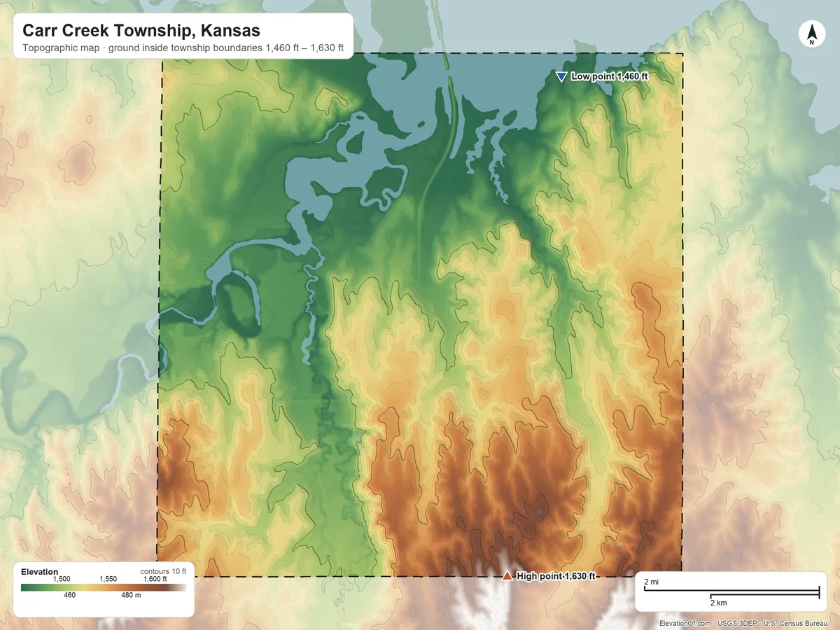 Topographic elevation map of Carr Creek Township, Kansas, shaded from 1,460 ft on the northeast side to 1,630 ft on the east side