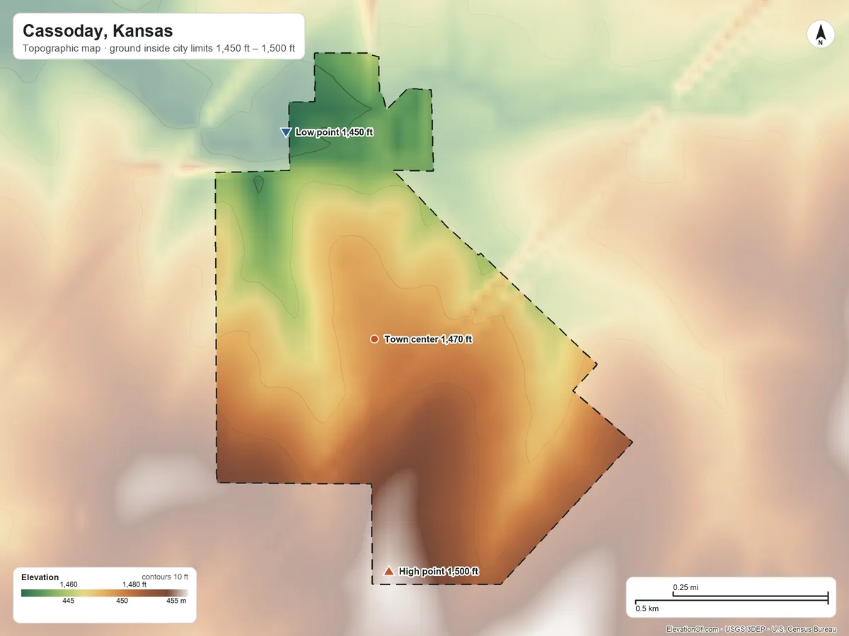 Topographic elevation map of Cassoday, Kansas, shaded from 1,450 ft on the northwest side to 1,500 ft on the south side