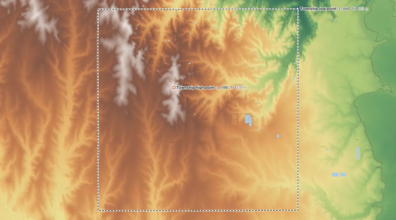 Topographic elevation map of Castle Township, Kansas, shaded from 1,460 ft on the northeast side to 1,700 ft on the northeast side