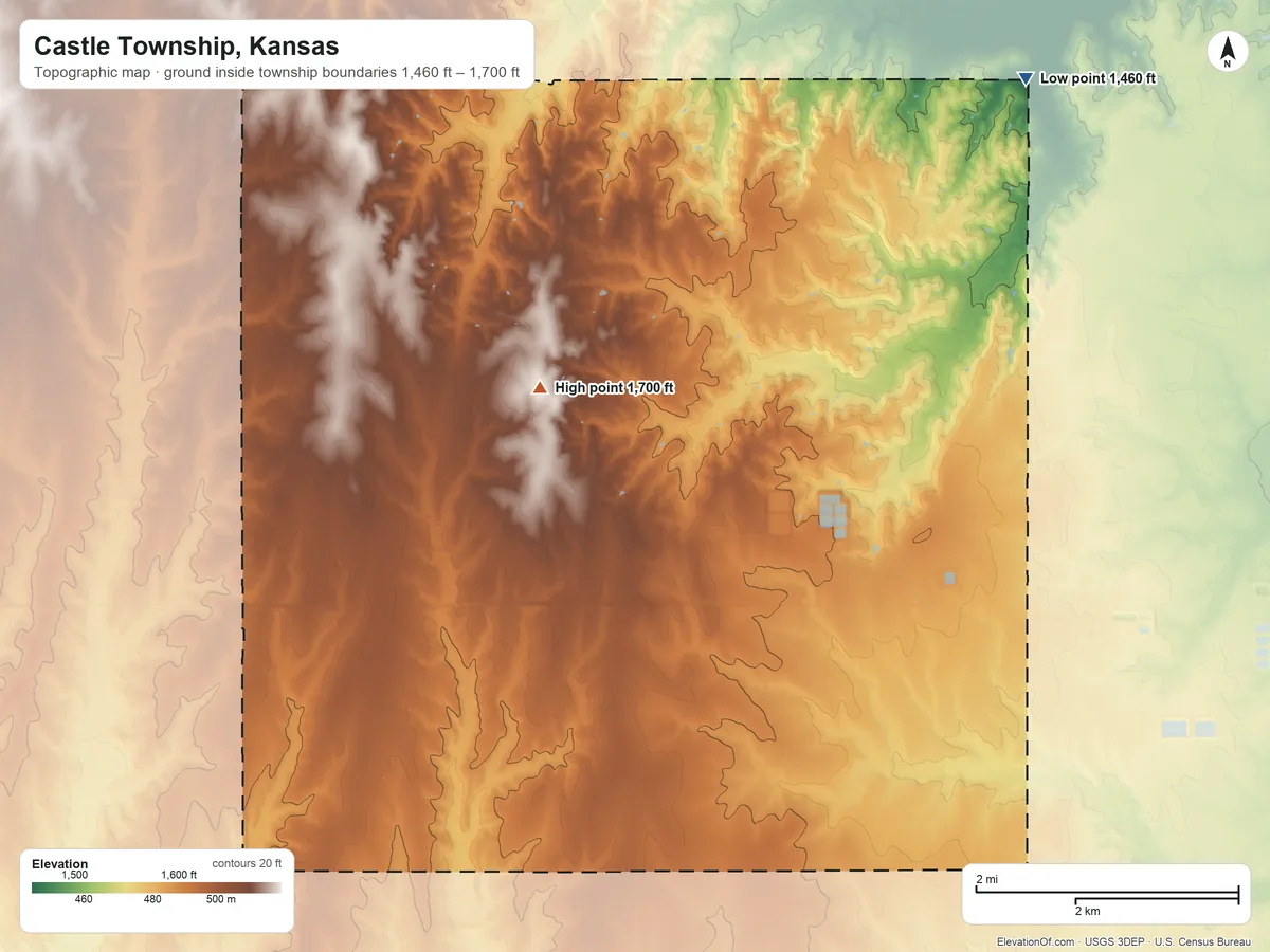 Topographic elevation map of Castle Township, Kansas, shaded from 1,460 ft on the northeast side to 1,700 ft on the northeast side