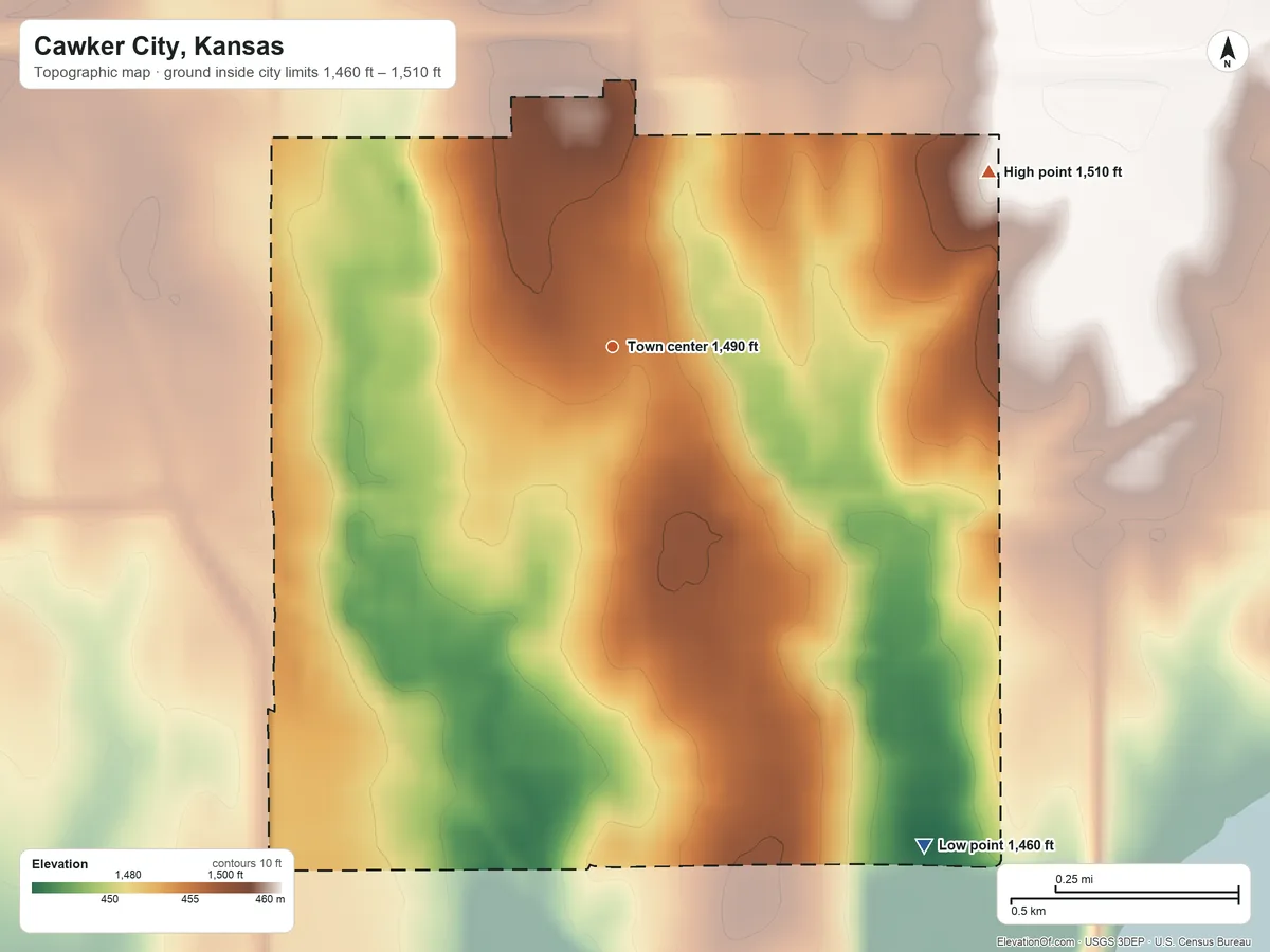 Topographic elevation map of Cawker City, Kansas, shaded from 1,460 ft on the southeast side to 1,510 ft on the northeast side