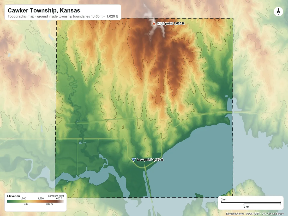 Topographic elevation map of Cawker Township, Kansas, shaded from 1,460 ft on the south side to 1,620 ft on the north side