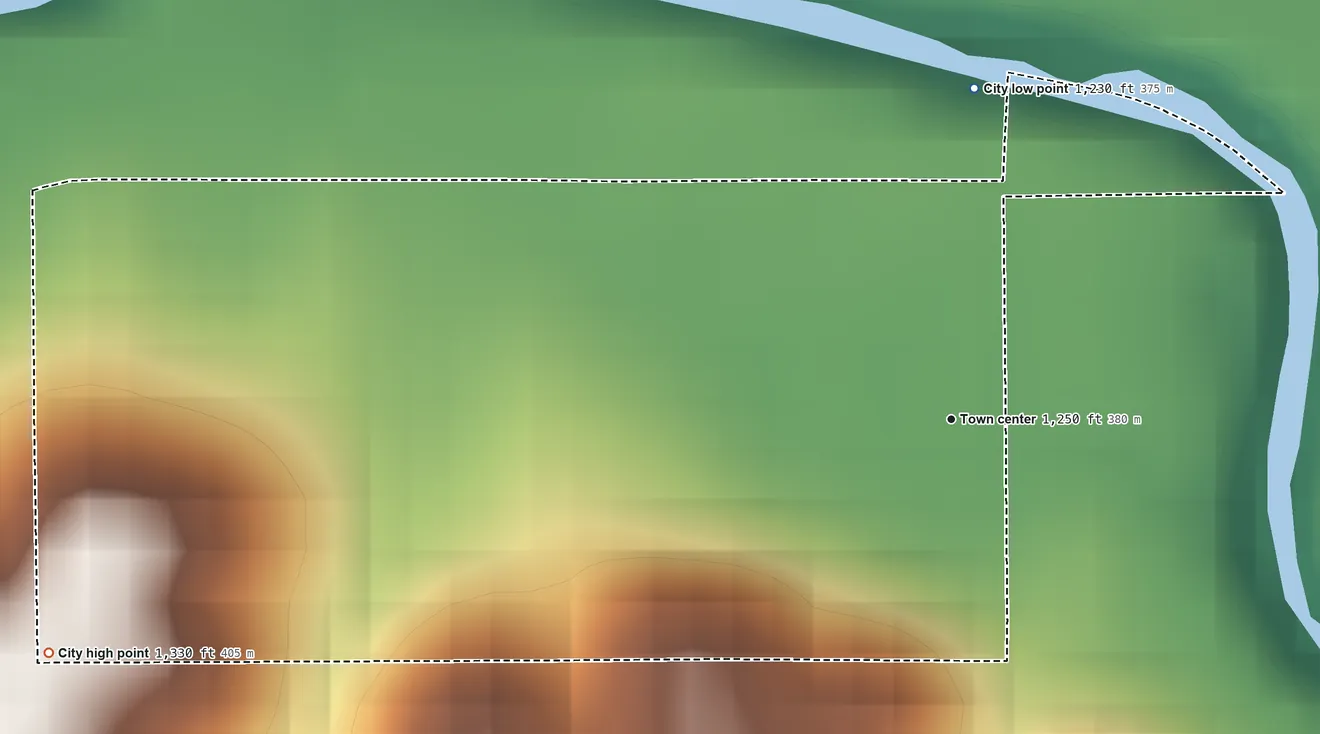 Topographic elevation map of Cedar Point, Kansas, shaded from 1,230 ft on the north side to 1,330 ft on the west side