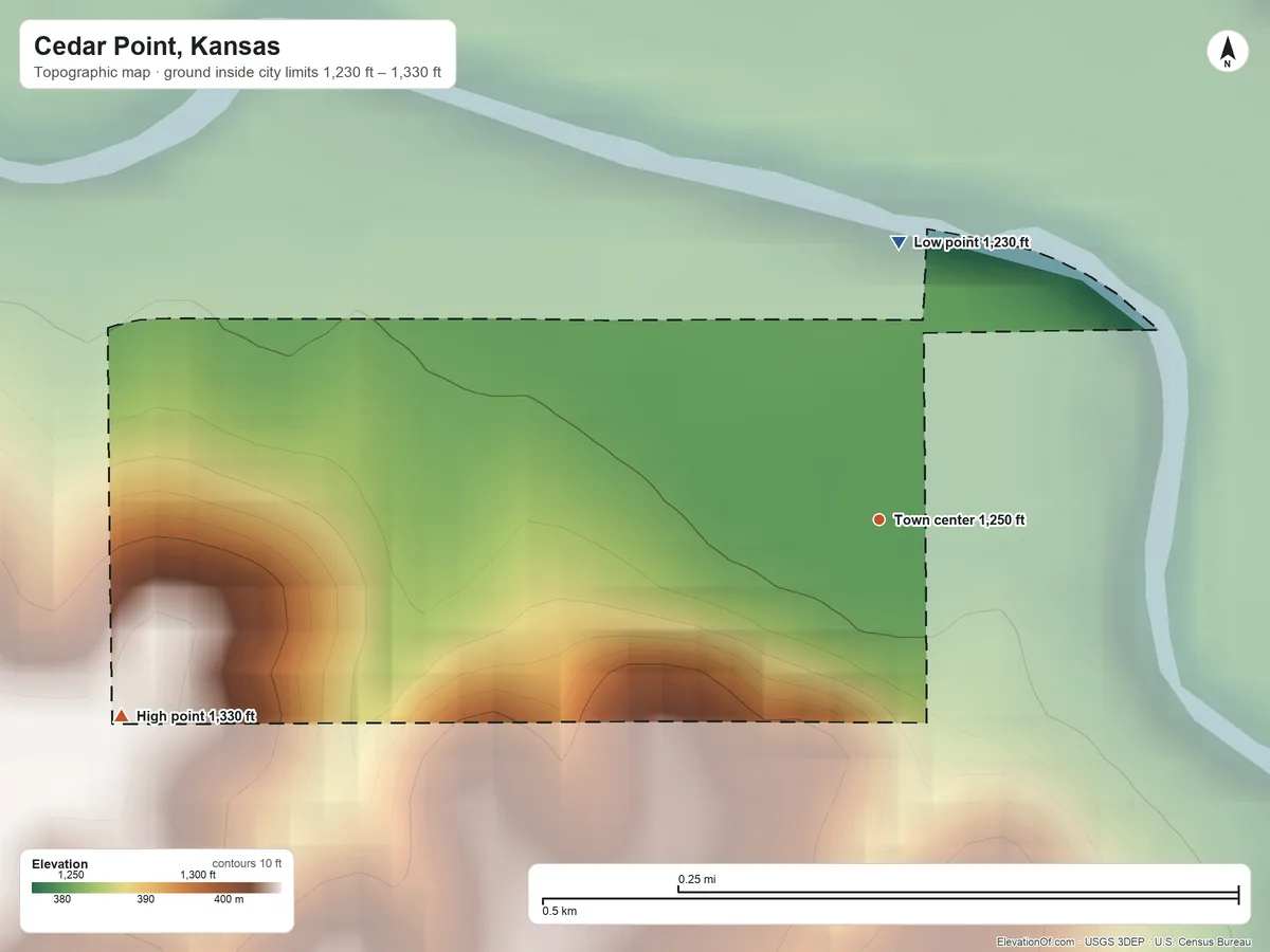 Topographic elevation map of Cedar Point, Kansas, shaded from 1,230 ft on the north side to 1,330 ft on the west side