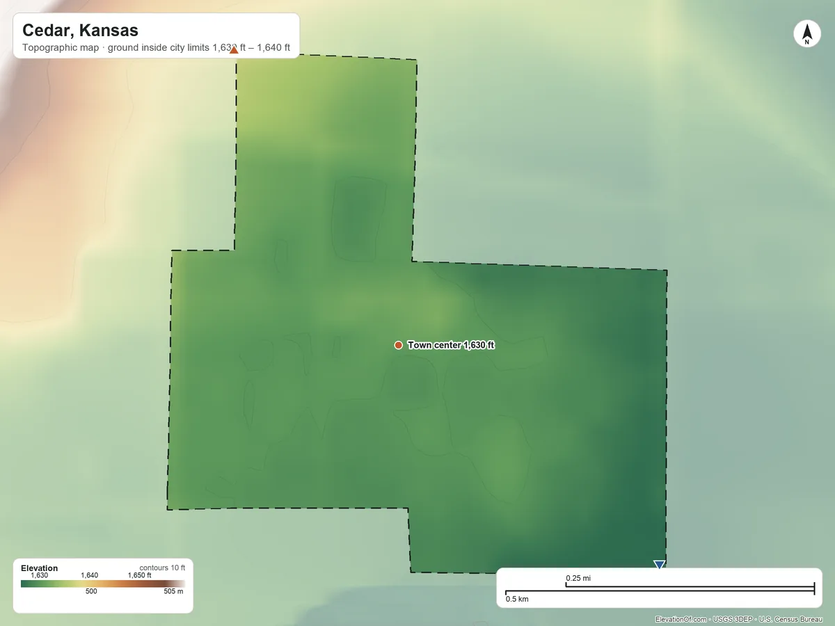 Topographic elevation map of Cedar, Kansas, shaded from 1,630 ft on the southeast side to 1,640 ft on the northwest side