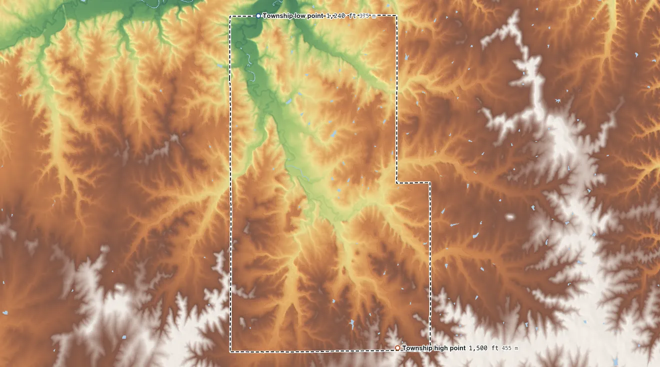 Topographic elevation map of Cedar Township, Chase County, Kansas, shaded from 1,240 ft on the northwest side to 1,500 ft on the south side