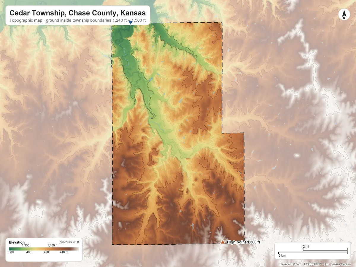 Topographic elevation map of Cedar Township, Chase County, Kansas, shaded from 1,240 ft on the northwest side to 1,500 ft on the south side