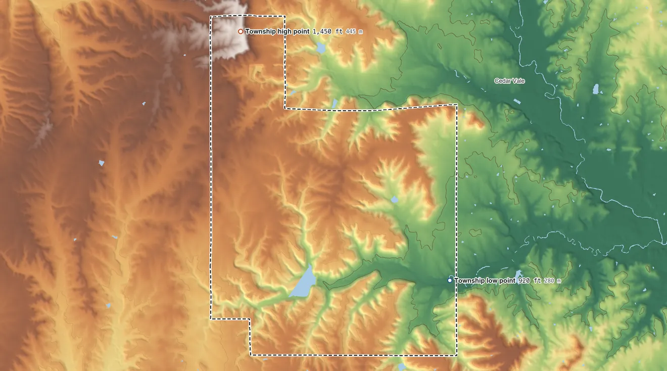 Topographic elevation map of Cedar Township, Cowley County, Kansas, shaded from 920 ft on the southeast side to 1,450 ft on the northwest side