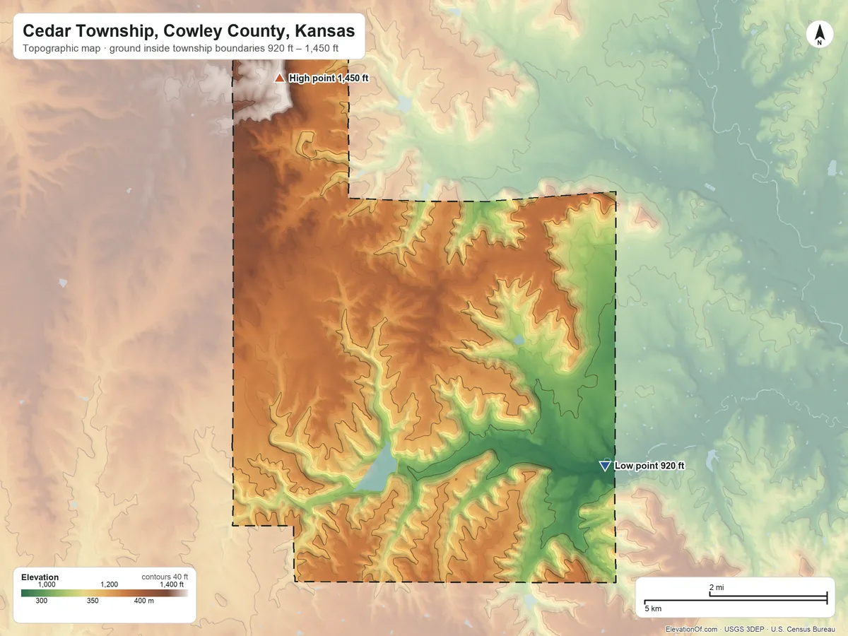 Topographic elevation map of Cedar Township, Cowley County, Kansas, shaded from 920 ft on the southeast side to 1,450 ft on the northwest side