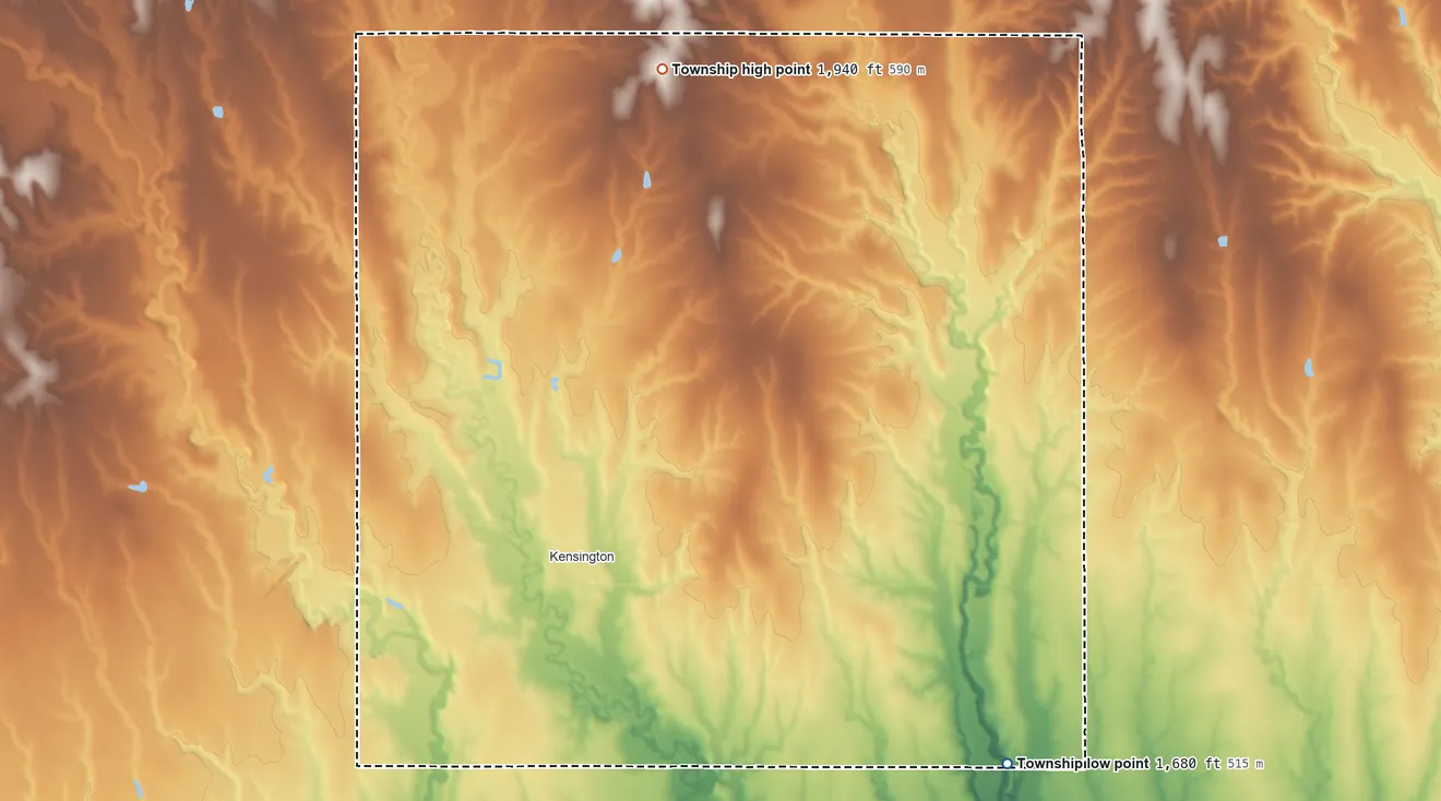 Topographic elevation map of Cedar Township, Smith County, Kansas, shaded from 1,680 ft on the southeast side to 1,940 ft on the north side