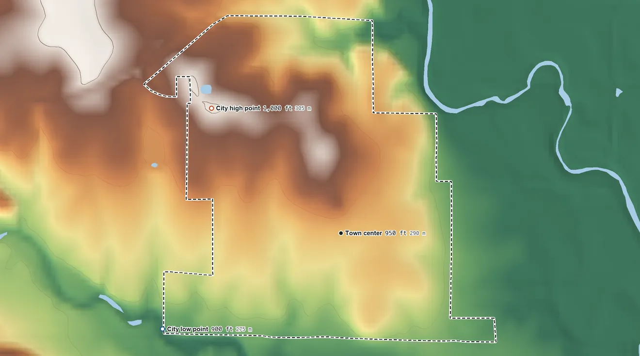 Topographic elevation map of Cedar Vale, Kansas, shaded from 900 ft on the southwest side to 1,000 ft on the northwest side
