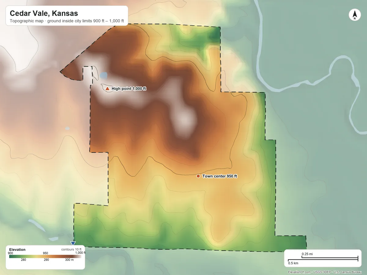 Topographic elevation map of Cedar Vale, Kansas, shaded from 900 ft on the southwest side to 1,000 ft on the northwest side