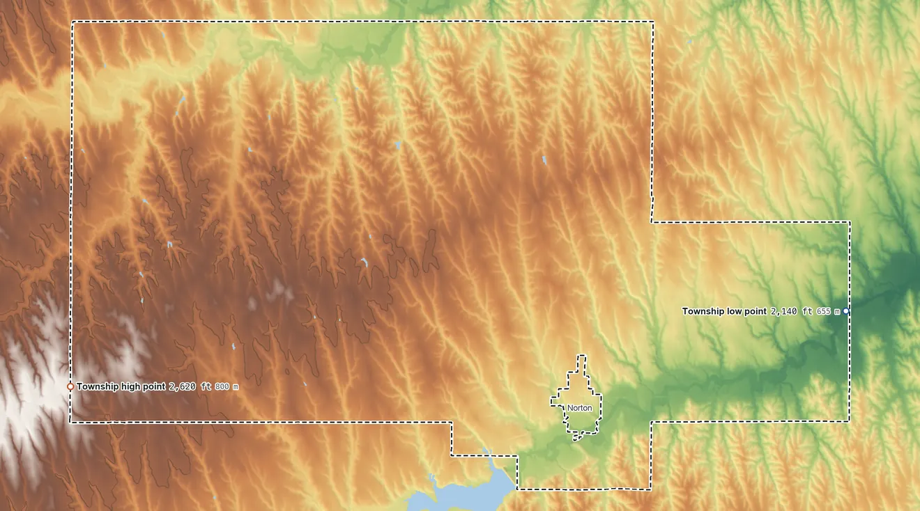 Topographic elevation map of Center-District 1 Township, Kansas, shaded from 2,140 ft on the east side to 2,620 ft on the west side