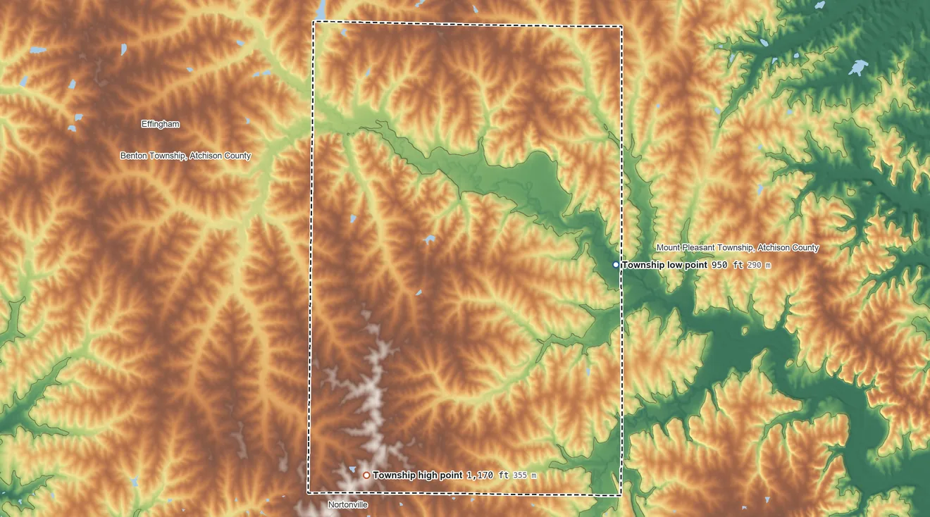 Topographic elevation map of Center Township, Atchison County, Kansas, shaded from 950 ft on the east side to 1,170 ft on the southwest side