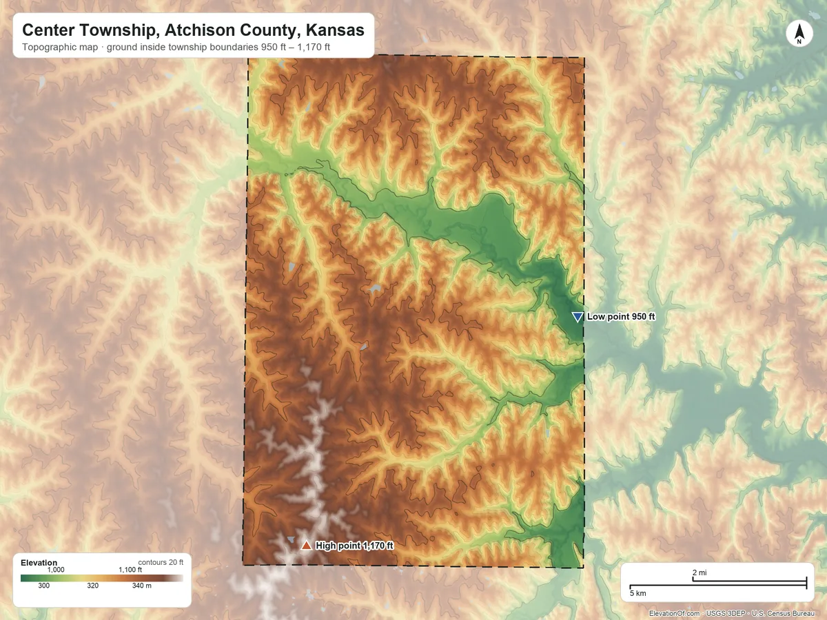 Topographic elevation map of Center Township, Atchison County, Kansas, shaded from 950 ft on the east side to 1,170 ft on the southwest side