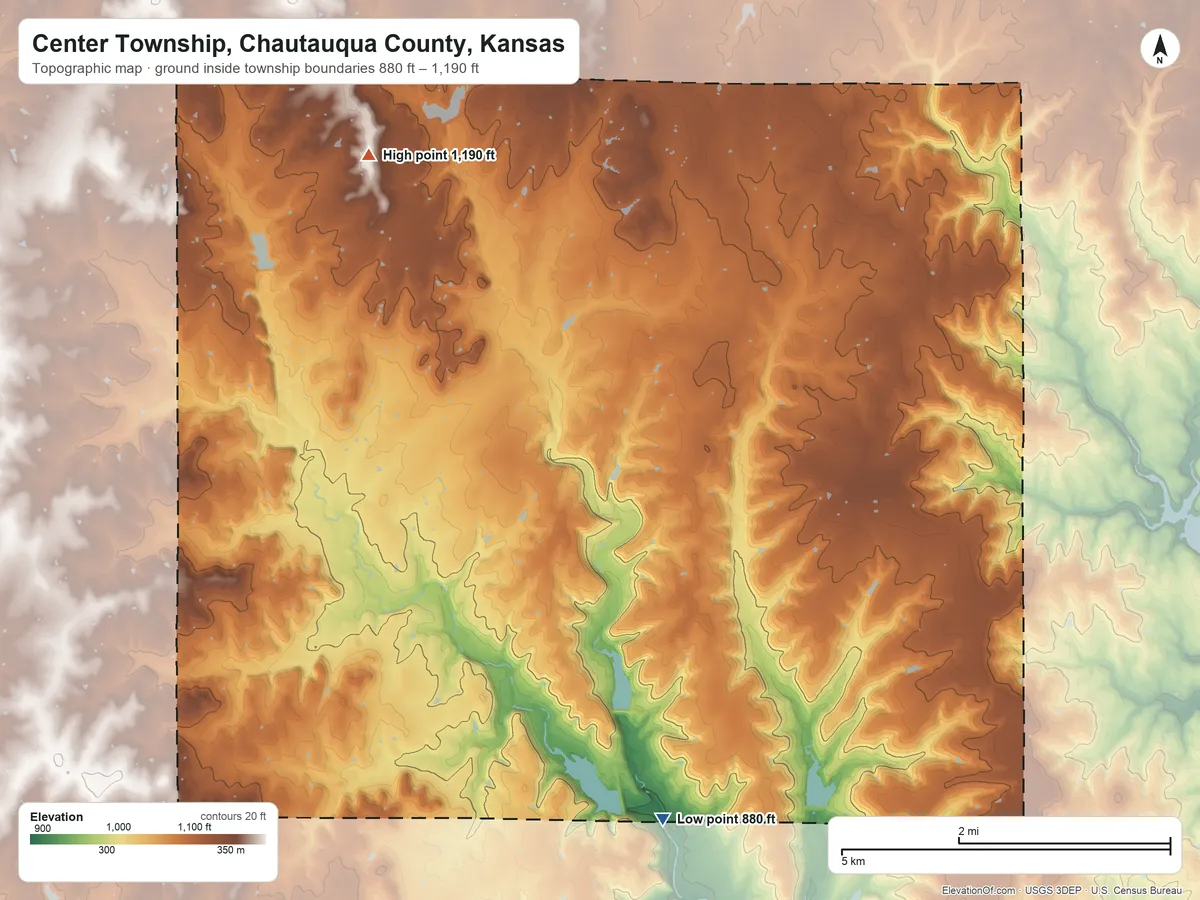 Topographic elevation map of Center Township, Chautauqua County, Kansas, shaded from 880 ft on the southeast side to 1,190 ft on the north side