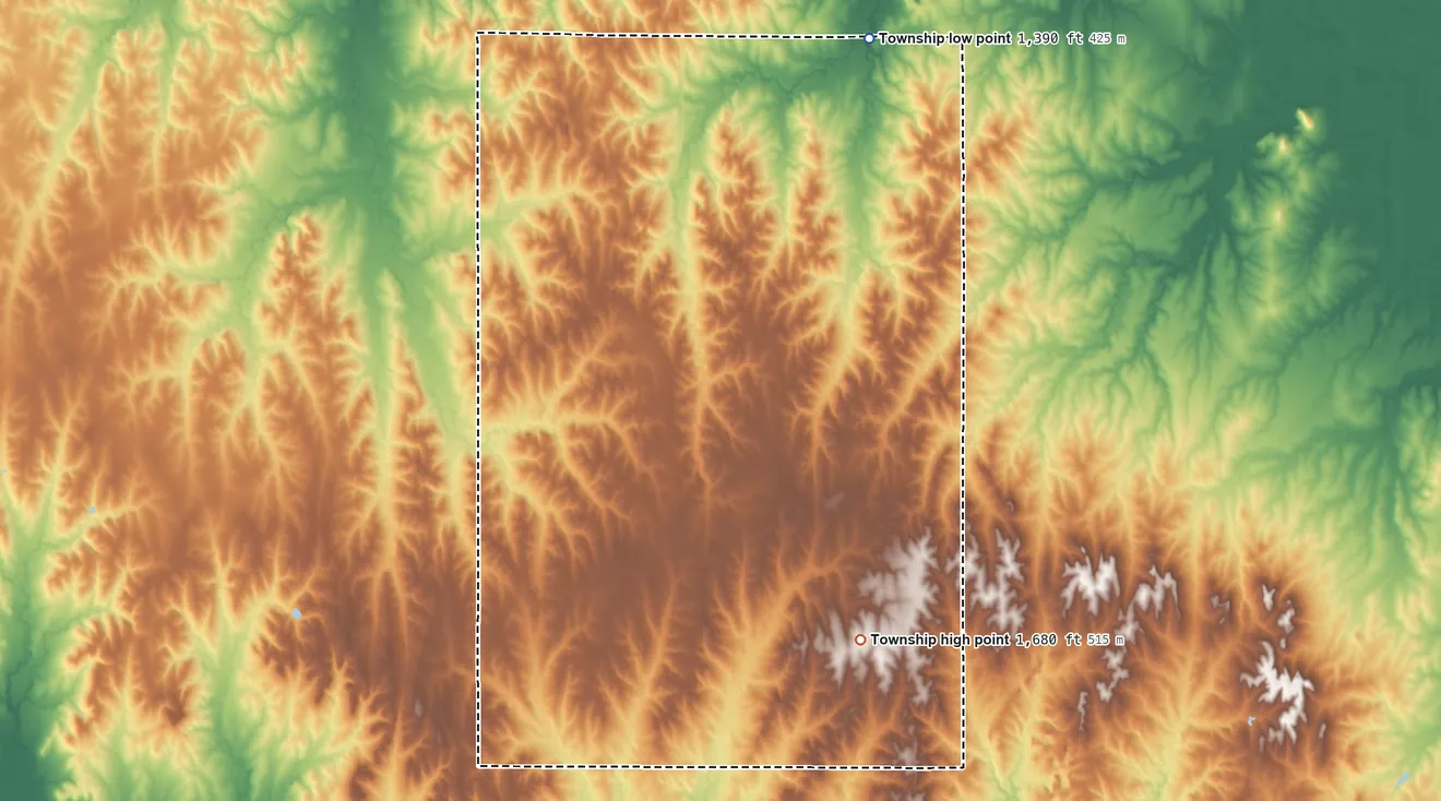 Topographic elevation map of Center Township, Cloud County, Kansas, shaded from 1,390 ft on the northeast side to 1,680 ft on the south side