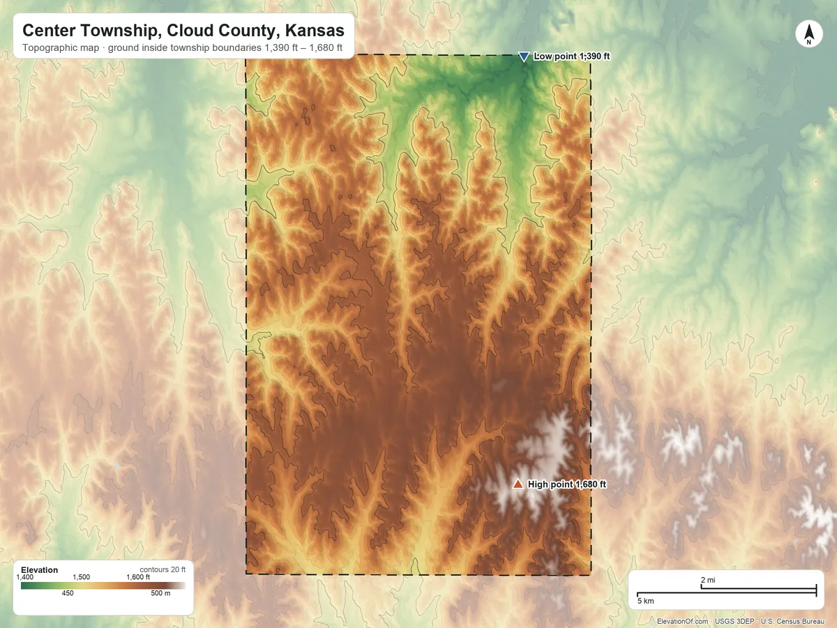 Topographic elevation map of Center Township, Cloud County, Kansas, shaded from 1,390 ft on the northeast side to 1,680 ft on the south side