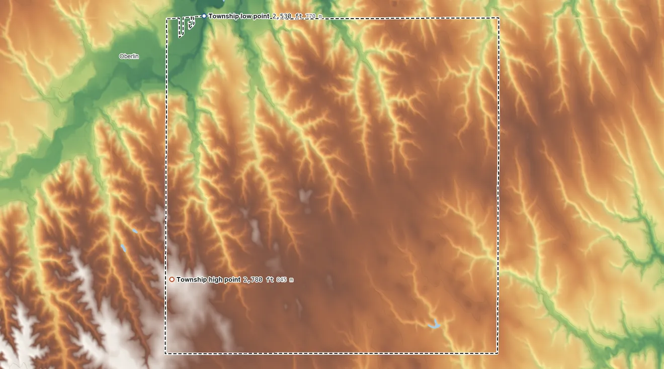 Topographic elevation map of Center Township, Decatur County, Kansas, shaded from 2,530 ft on the north side to 2,780 ft on the southwest side