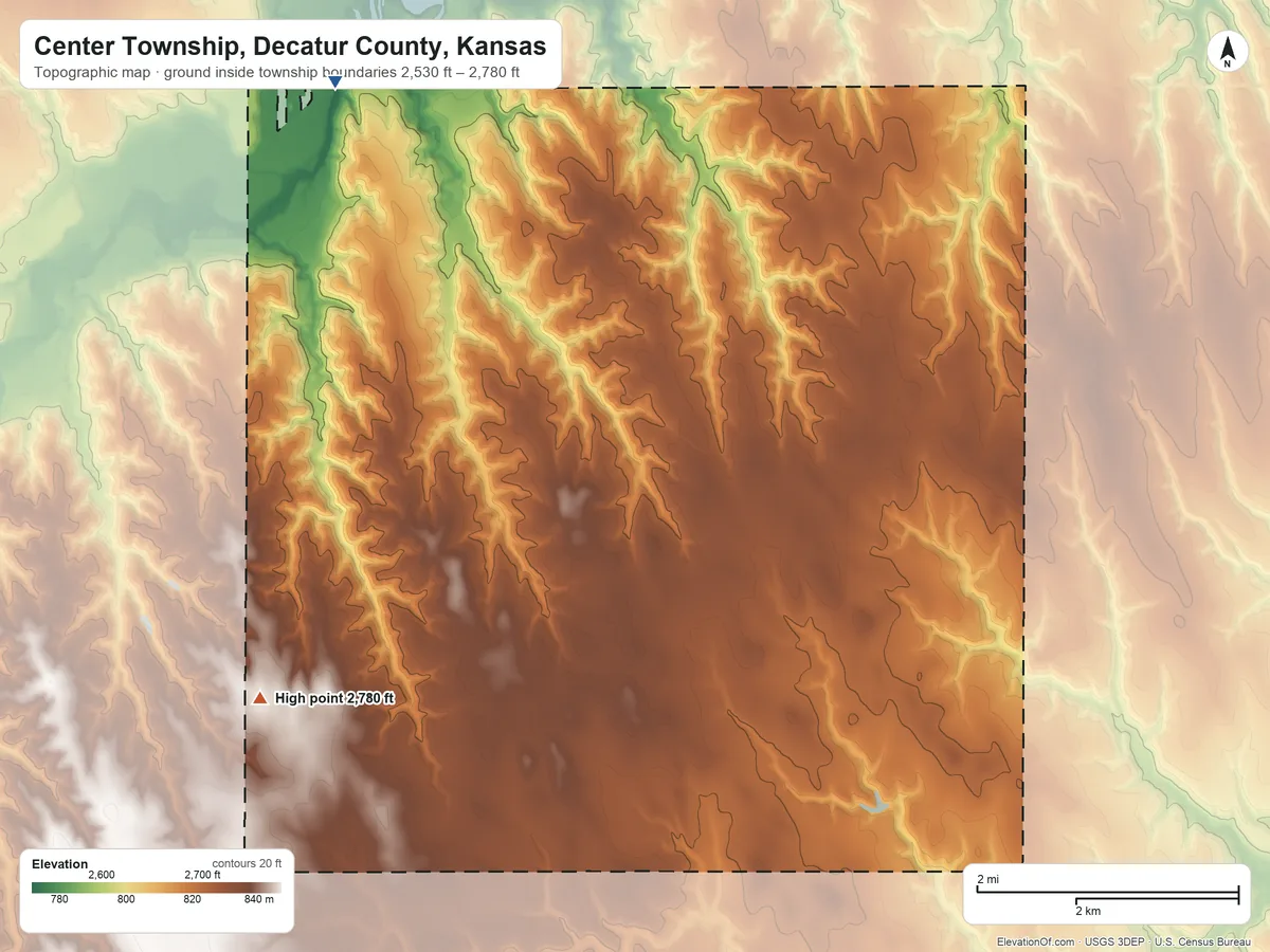 Topographic elevation map of Center Township, Decatur County, Kansas, shaded from 2,530 ft on the north side to 2,780 ft on the southwest side