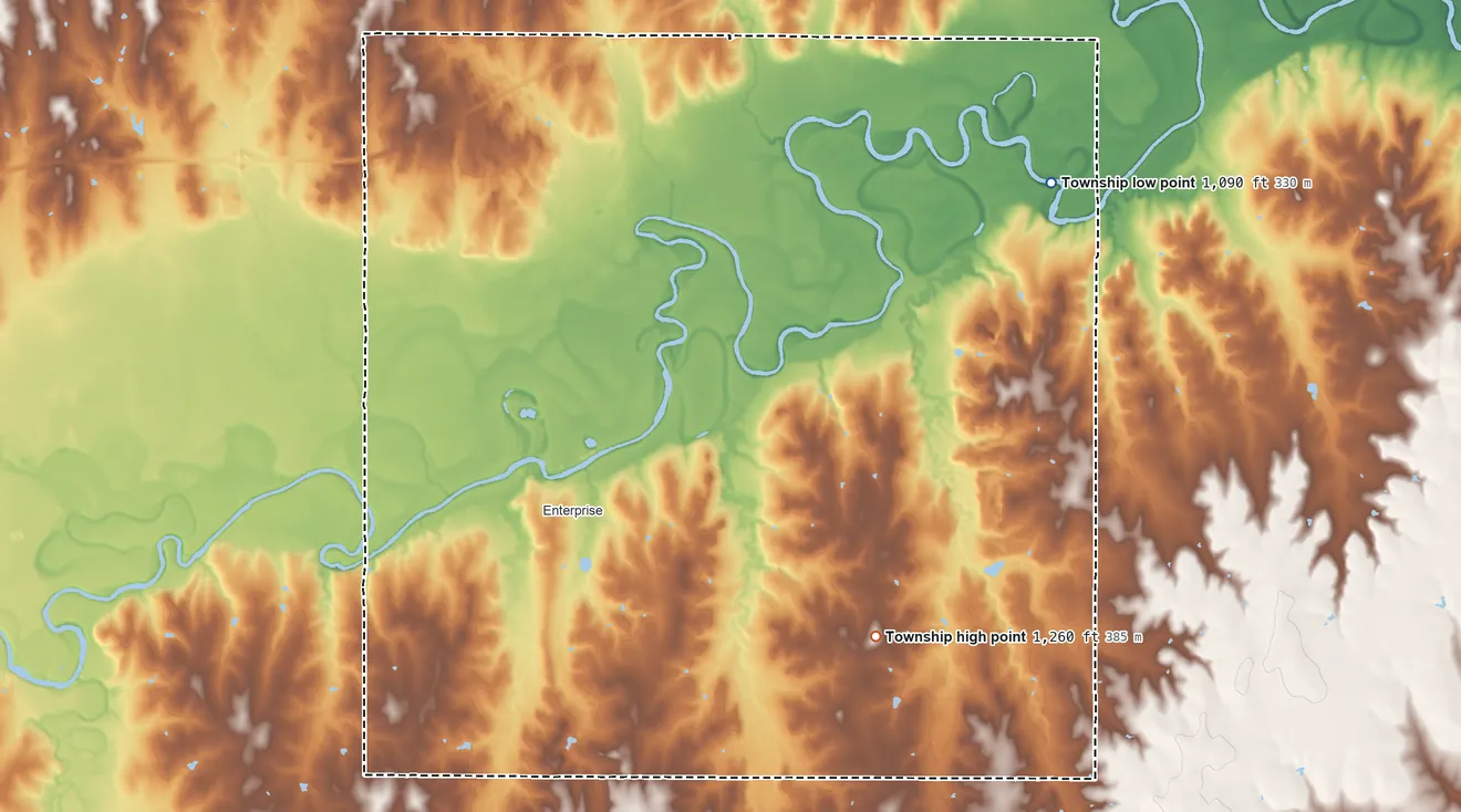 Topographic elevation map of Center Township, Dickinson County, Kansas, shaded from 1,090 ft on the northeast side to 1,260 ft on the southeast side