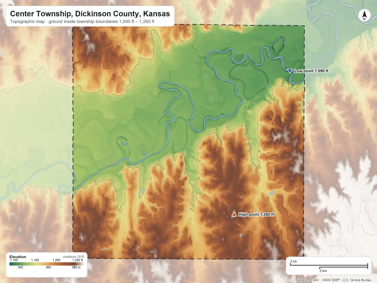 Topographic elevation map of Center Township, Dickinson County, Kansas, shaded from 1,090 ft on the northeast side to 1,260 ft on the southeast side