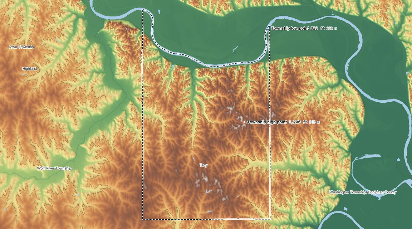 Topographic elevation map of Center Township, Doniphan County, Kansas, shaded from 820 ft on the northeast side to 1,200 ft on the northeast side