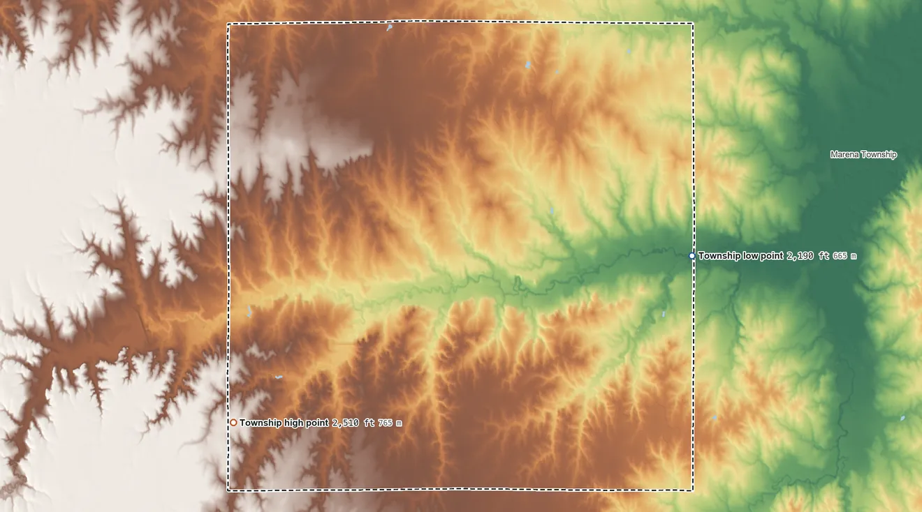 Topographic elevation map of Center Township, Hodgeman County, Kansas, shaded from 2,190 ft on the east side to 2,510 ft on the southwest side