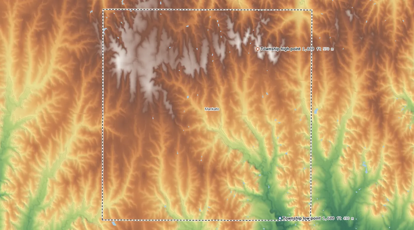 Topographic elevation map of Center Township, Jewell County, Kansas, shaded from 1,600 ft on the southeast side to 1,880 ft on the northeast side