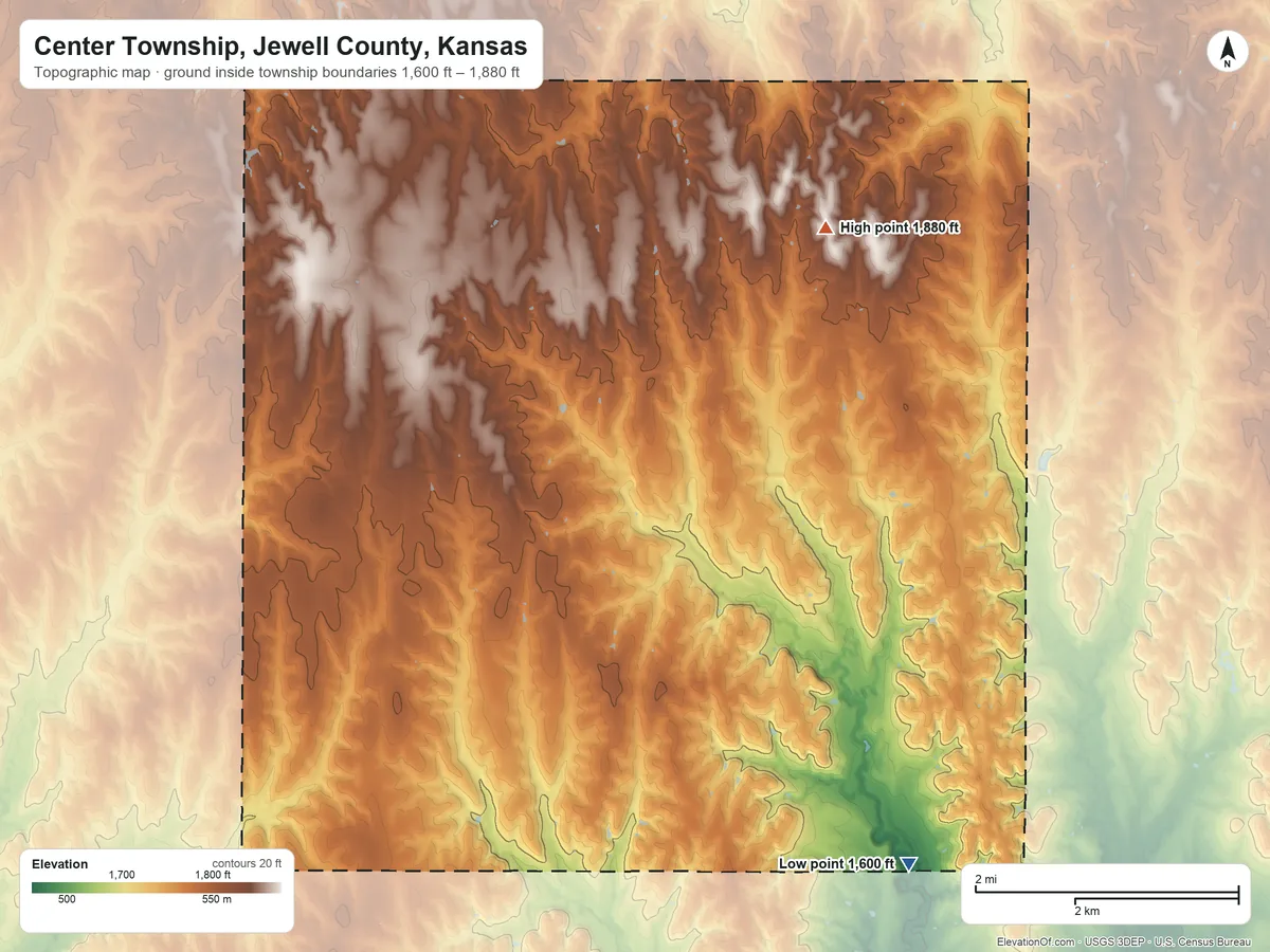 Topographic elevation map of Center Township, Jewell County, Kansas, shaded from 1,600 ft on the southeast side to 1,880 ft on the northeast side