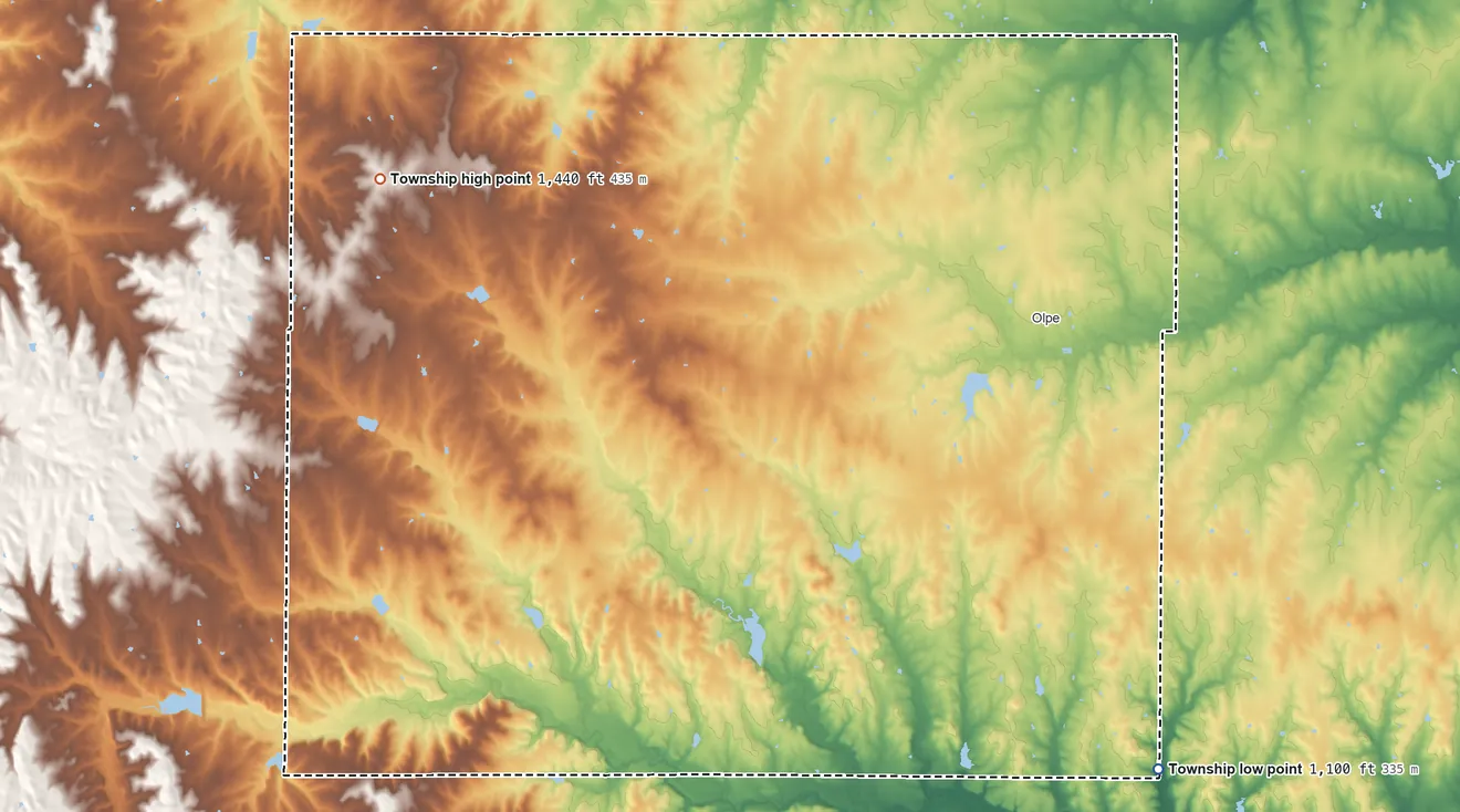 Topographic elevation map of Center Township, Lyon County, Kansas, shaded from 1,100 ft on the south side to 1,440 ft on the west side