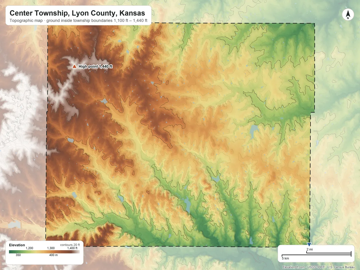 Topographic elevation map of Center Township, Lyon County, Kansas, shaded from 1,100 ft on the south side to 1,440 ft on the west side