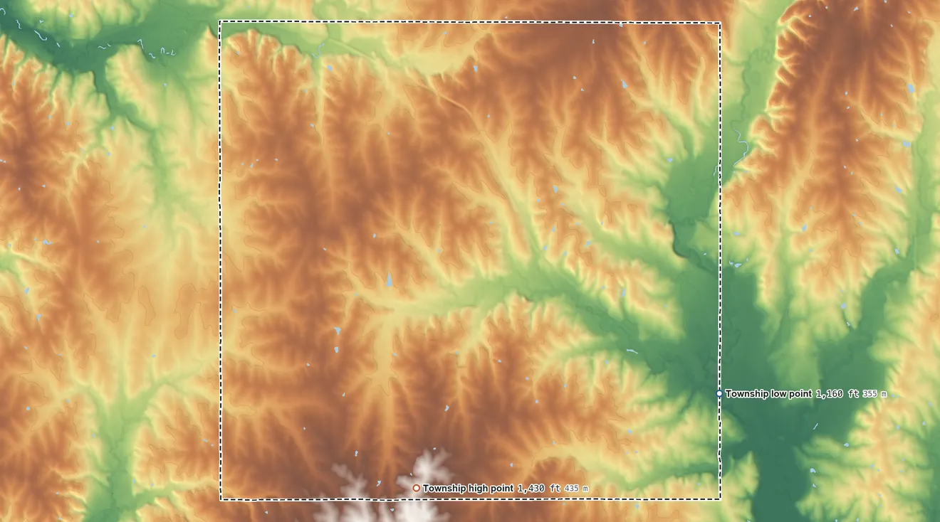 Topographic elevation map of Center Township, Marshall County, Kansas, shaded from 1,160 ft on the southeast side to 1,430 ft on the south side