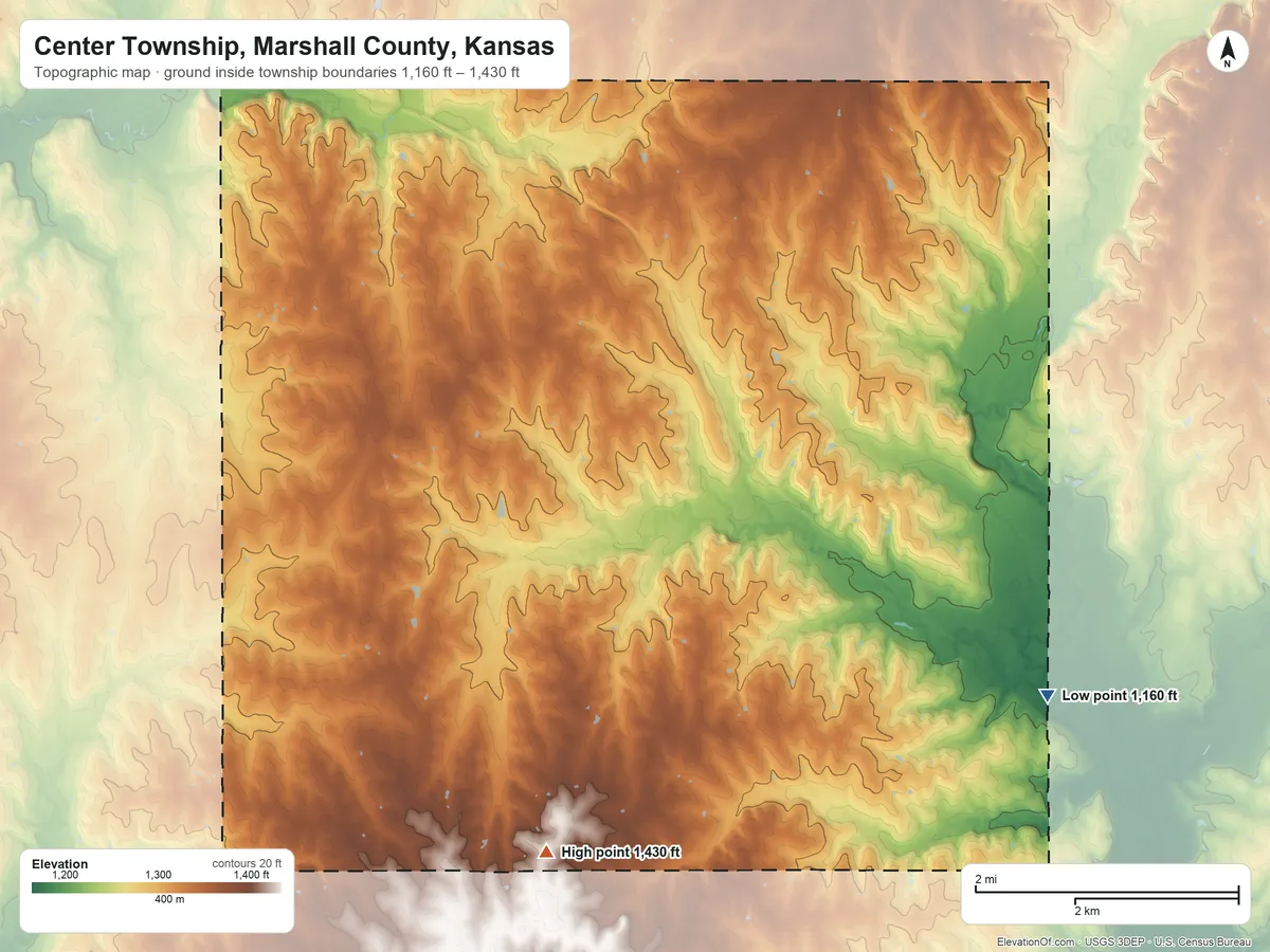 Topographic elevation map of Center Township, Marshall County, Kansas, shaded from 1,160 ft on the southeast side to 1,430 ft on the south side