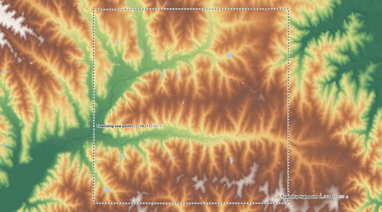 Topographic elevation map of Center Township, Nemaha County, Kansas, shaded from 1,190 ft on the west side to 1,360 ft on the southeast side