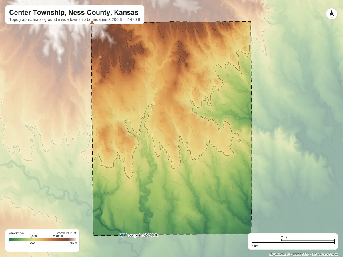 Topographic elevation map of Center Township, Ness County, Kansas, shaded from 2,200 ft on the south side to 2,470 ft on the north side