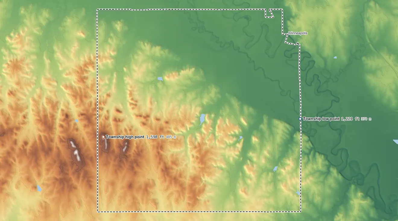 Topographic elevation map of Center Township, Ottawa County, Kansas, shaded from 1,220 ft on the southeast side to 1,590 ft on the west side