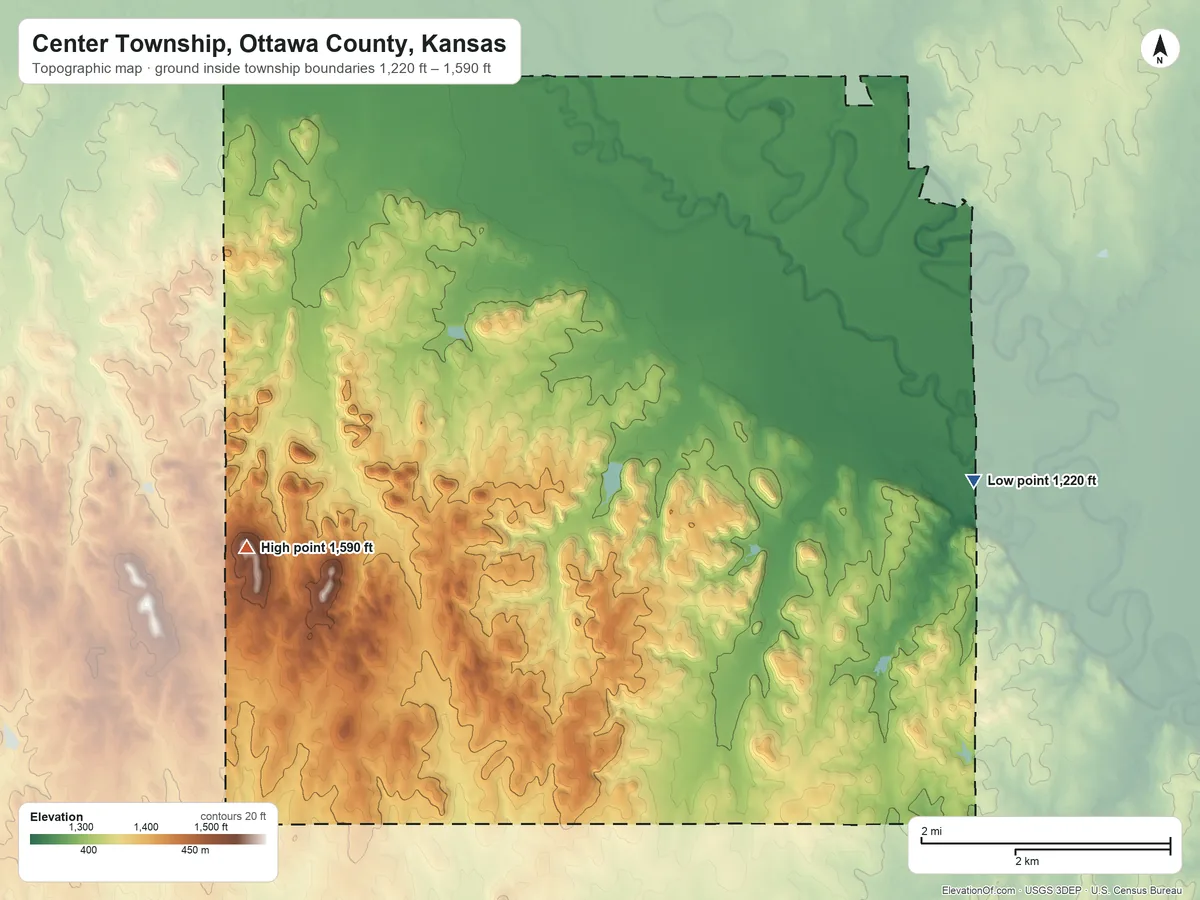 Topographic elevation map of Center Township, Ottawa County, Kansas, shaded from 1,220 ft on the southeast side to 1,590 ft on the west side