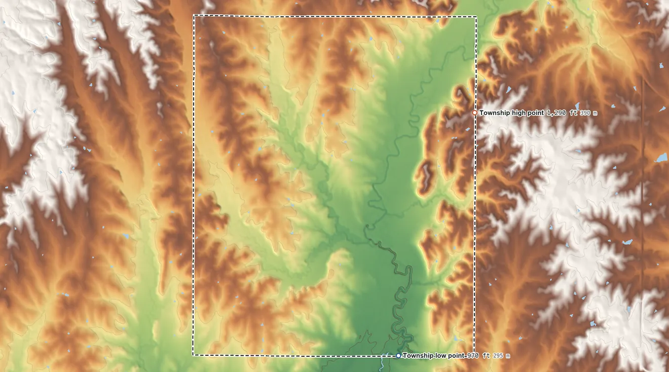 Topographic elevation map of Center Township, Pottawatomie County, Kansas, shaded from 970 ft on the south side to 1,290 ft on the east side