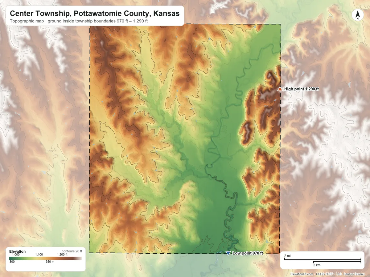 Topographic elevation map of Center Township, Pottawatomie County, Kansas, shaded from 970 ft on the south side to 1,290 ft on the east side