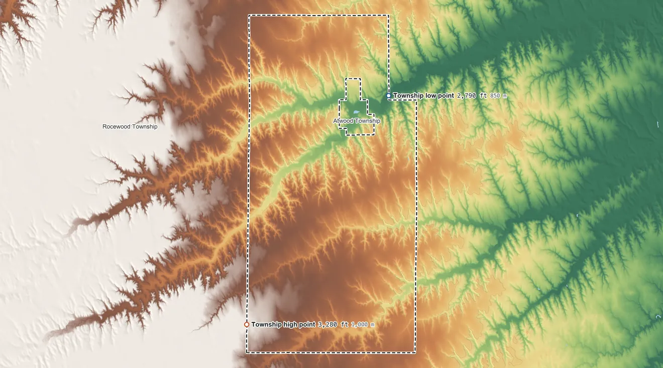 Topographic elevation map of Center Township, Rawlins County, Kansas, shaded from 2,790 ft on the northeast side to 3,280 ft on the southwest side