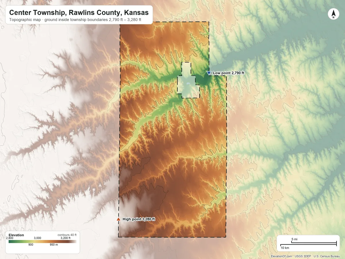 Topographic elevation map of Center Township, Rawlins County, Kansas, shaded from 2,790 ft on the northeast side to 3,280 ft on the southwest side