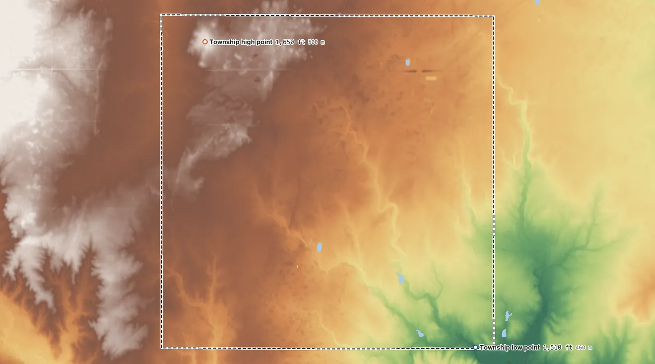Topographic elevation map of Center Township, Reno County, Kansas, shaded from 1,510 ft on the southeast side to 1,650 ft on the northwest side
