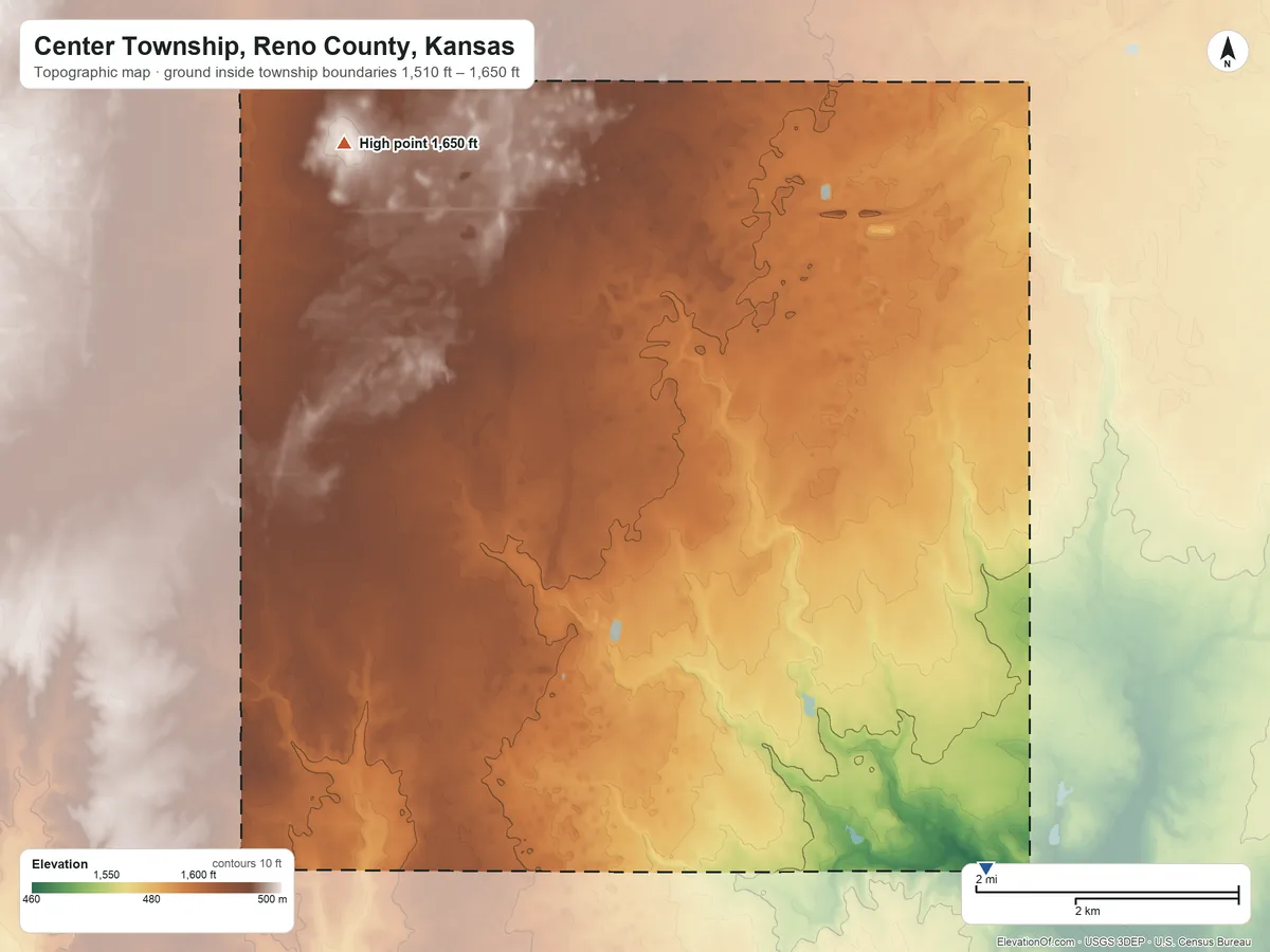 Topographic elevation map of Center Township, Reno County, Kansas, shaded from 1,510 ft on the southeast side to 1,650 ft on the northwest side