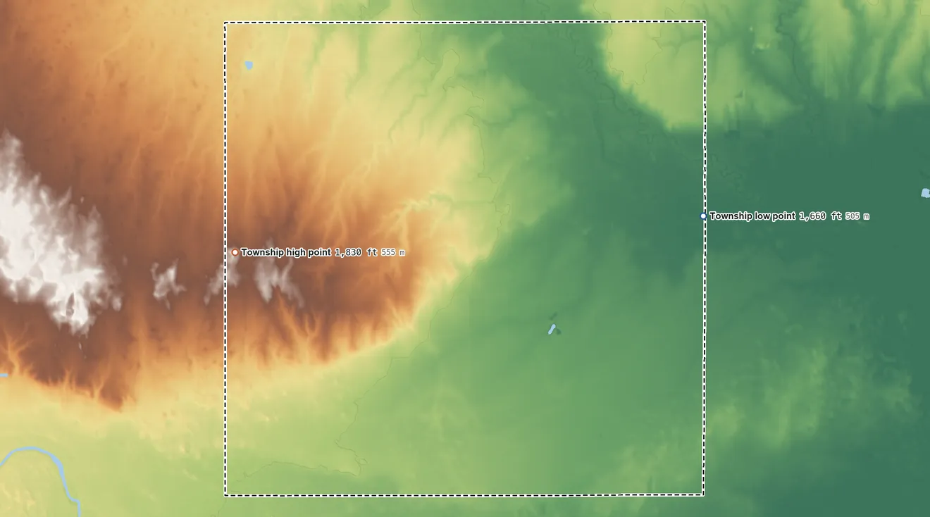 Topographic elevation map of Center Township, Rice County, Kansas, shaded from 1,660 ft on the east side to 1,830 ft on the west side