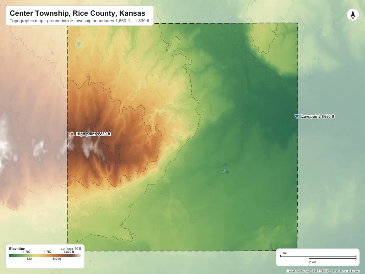 Topographic elevation map of Center Township, Rice County, Kansas, shaded from 1,660 ft on the east side to 1,830 ft on the west side